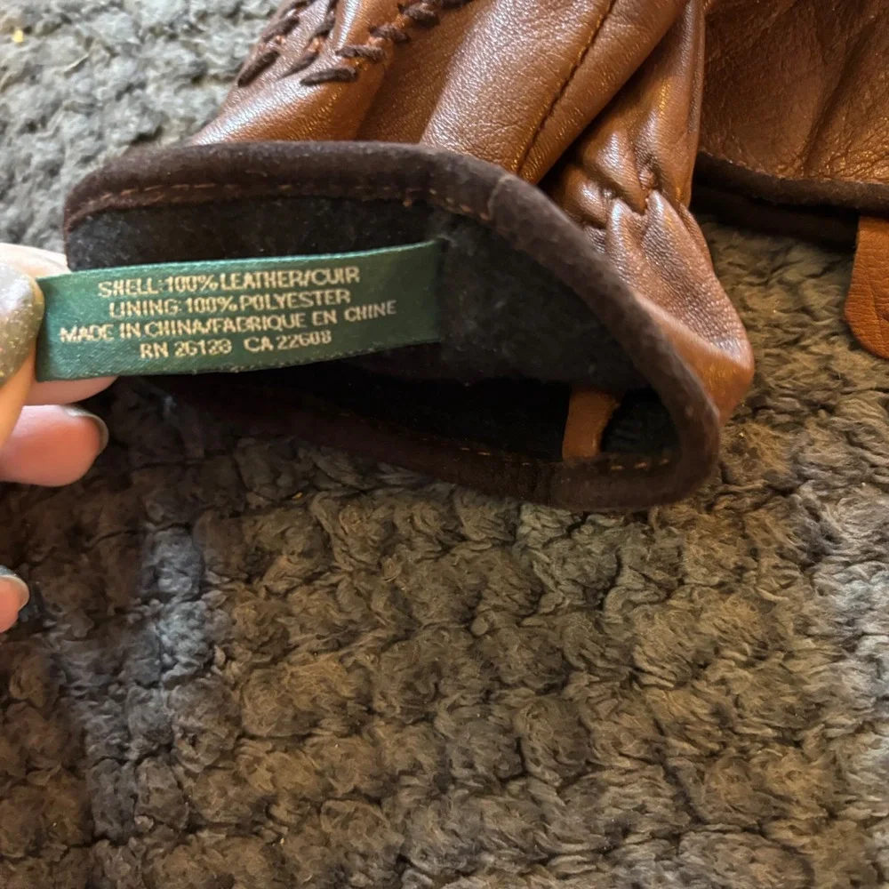 Lauren Ralph Lauren Womens Brown Leather Whipstitch Gloves RL Logo Cognac